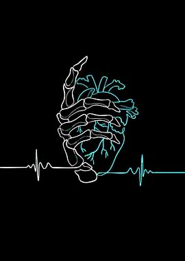 Skeleton Hand Holding Heart with EKG