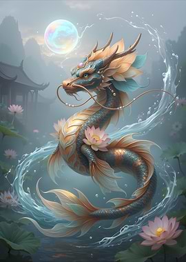 Dragon Koi with Lotus Flowers and Moon