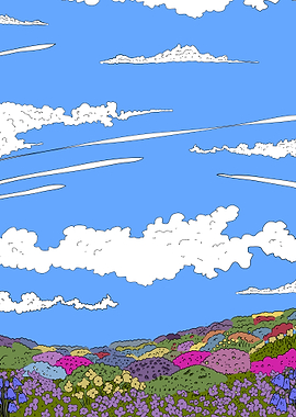Vibrant Hillside with Flowery Meadow and Sky