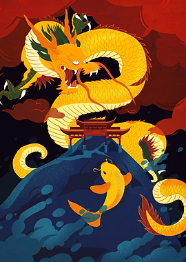 Golden Dragon and Koi Fish
