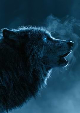Wolf Howling in Blue Mist