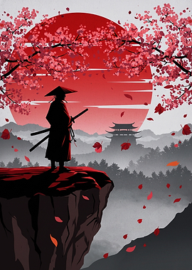 Samurai Overlooking a Misty Landscape