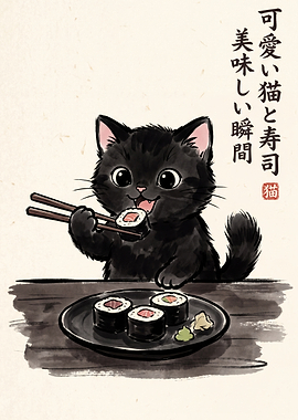 Black Cat Eating Sushi