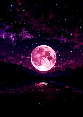 Pink Moon Over Dark Landscape