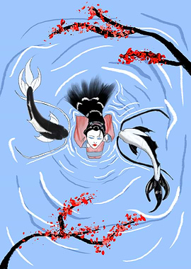 yinyang japanese koi fish with woman