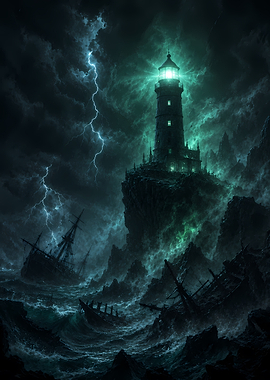 Stormy Lighthouse and Shipwrecks