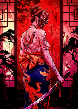 Geisha with Oni Mask and Katana