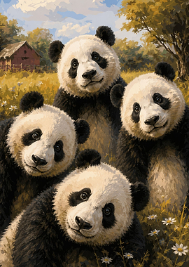 Four Pandas in a Field Curious Panda Friends in a Golden Meadow