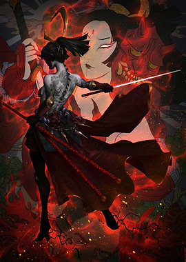 Samurai Woman with Swords and Oni Mask