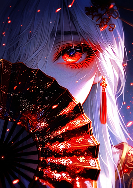 Anime Girl with Fiery Eyes and Fan