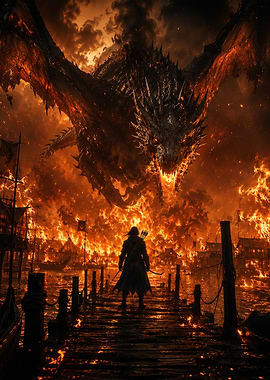 Dragon attacking a burning village