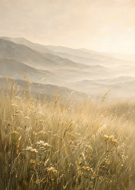 Misty Mountain Landscape with Wildflowers
