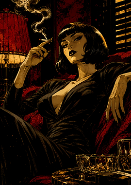 Femme Fatale Smoking in a Red Room