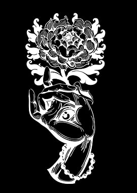 Hand holding a flower with an eye