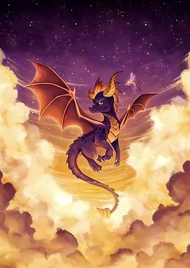 Spyro the Dragon flying through clouds