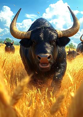 Black Bull Charging Through Wheat Field