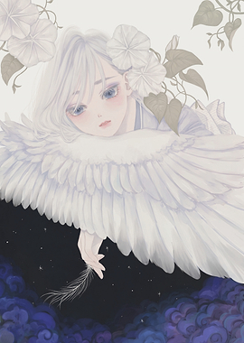 Angel with White Wings and Flowers