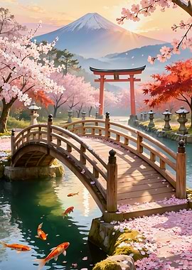 Serene Japanese Landscape with Mount Fuji