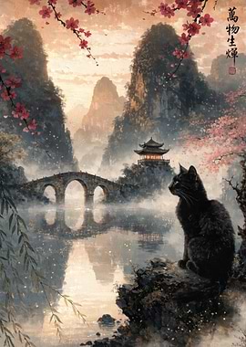 Black Cat in Misty Asian Landscape