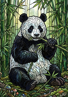 Panda Eating Bamboo in Stained Glass Style