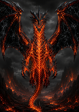 Lava Obsidian Dragon in a Volcanic Landscape