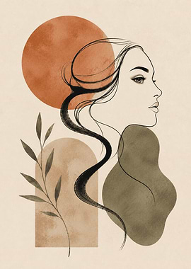 Abstract Woman Profile with Botanical Elements