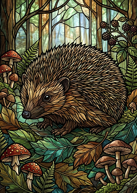 Hedgehog in a Forest Stained Glass