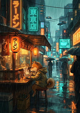 Shiba Inu eating ramen in rainy Tokyo