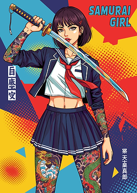 Samurai Girl with Katana and Tattoos