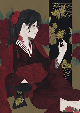 Elegant Woman in Kimono with Floral Tattoos