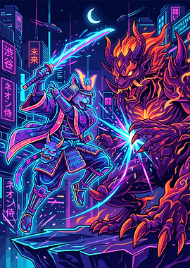 Cyberpunk Cat Samurai Fights Demon