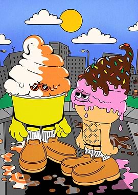 Melting Ice Cream Characters in Cityscape