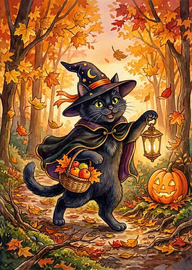 Halloween Cat in Autumn Forest