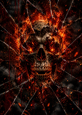 Fiery Skull Through Broken Glass