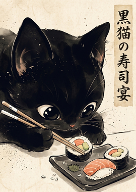Black Cat Eating Sushi