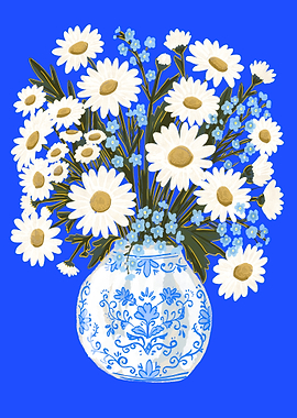 Daisy and Forget-Me-Not Bouquet in Blue Vase