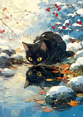 Black Cat Reflection in Winter Illustration Poster