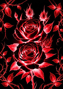 Glowing Red Roses on Black Background