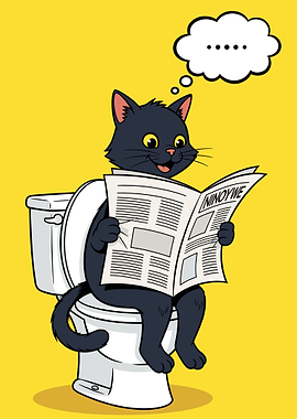 Cat reading newspaper on toilet