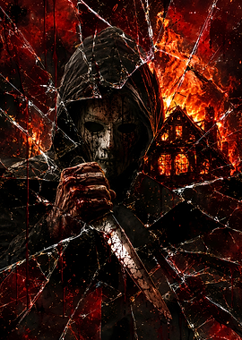Horror Figure with Knife and Burning House