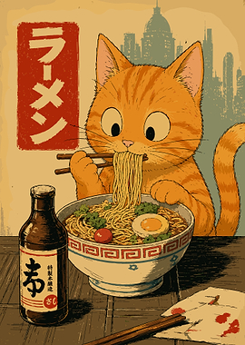 Cute Ramen Cat Japanese Food Wall Art Poster