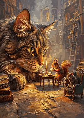 Giant Cat with Squirrel and Mouse in Library