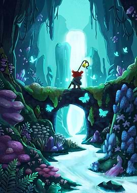 Bear adventurer in a glowing cave