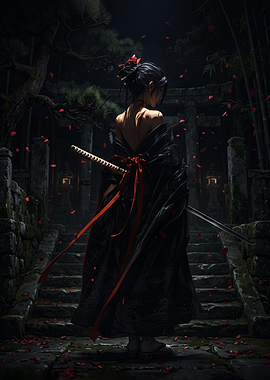 Samurai Woman in Dark Garden