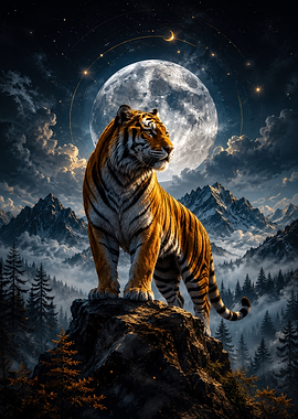 Tiger on Mountain Under Moon