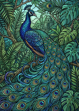 Peacock in a Lush Jungle Setting Stained Glass