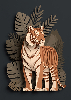 Paper Art Tiger with Tropical Leaves