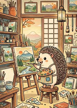 Hedgehog Artist Painting a Landscape