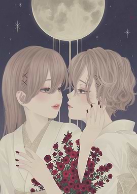 Two women in kimonos under the moon