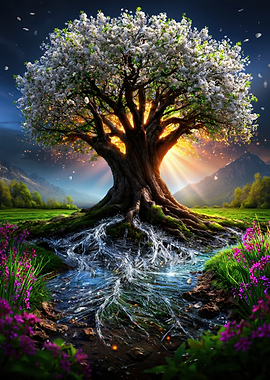 Magical Tree of Life with Roots in Water